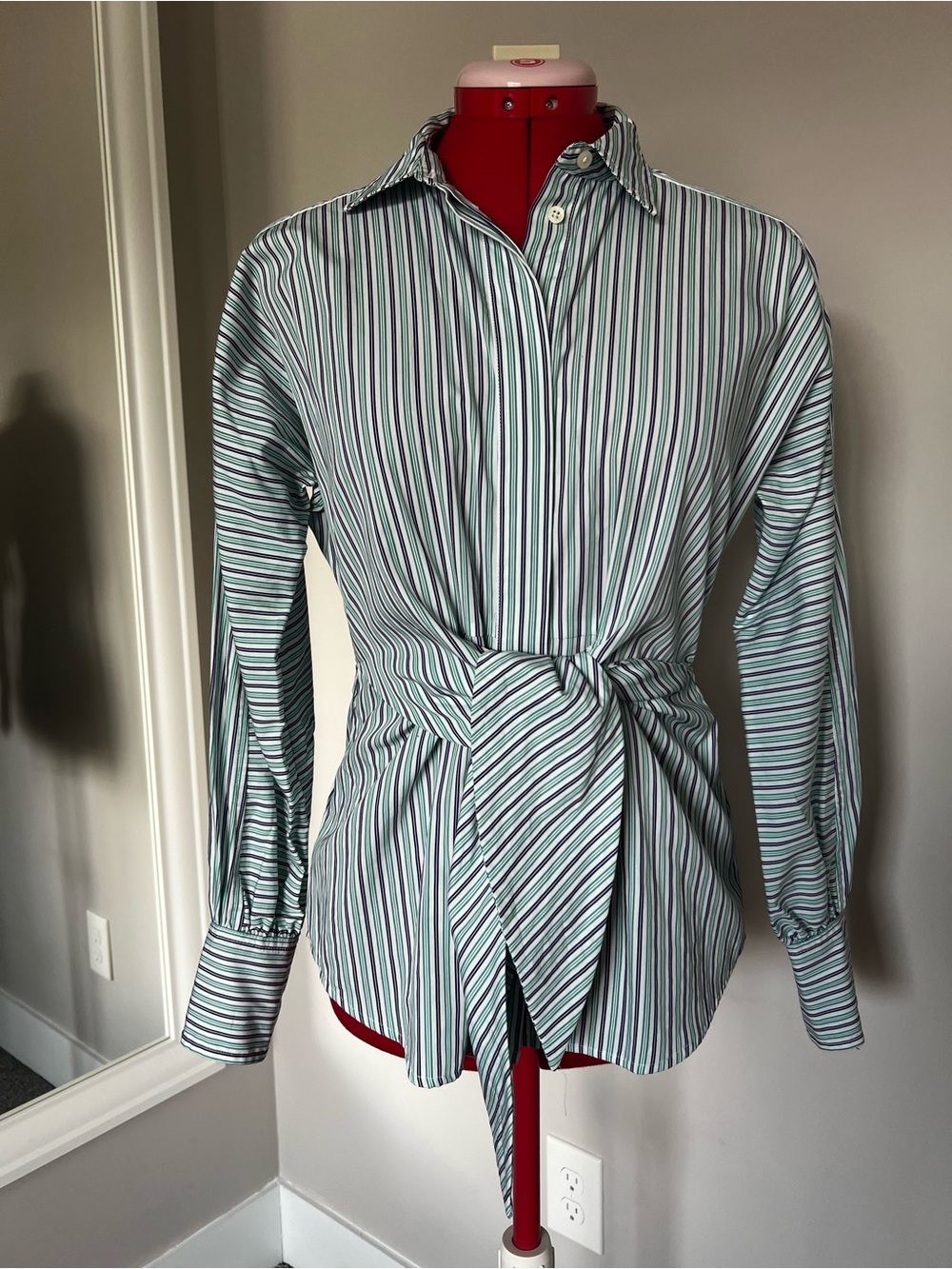 Ralph Lauren Green and White Striped Tie-Waist Button-Down Shirt